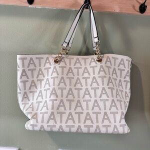 Tote Bag with Chain Straps - White and brown. With zippered wristlet.